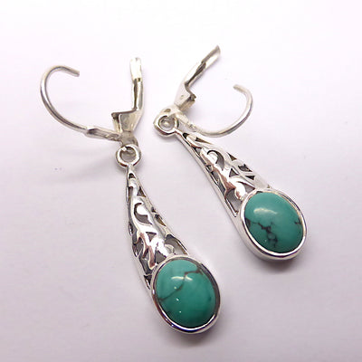 Turquoise Earrings, Oval Cab, 925 Sterling Silver filigree | Secure Lever Hooks | Lovely Style and Stone | Crystal Heart Melbourne Australia since 1986
