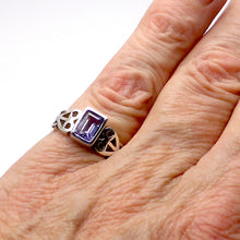 Load image into Gallery viewer, Amethyst Ring | Faceted Emerald Cut | 925 Silver | Celtic Heart Detail | Dainty Elegance | US Size 6 | 7 | 8 | 9 | Genuine gems from Crystal Heart Australia since 1986