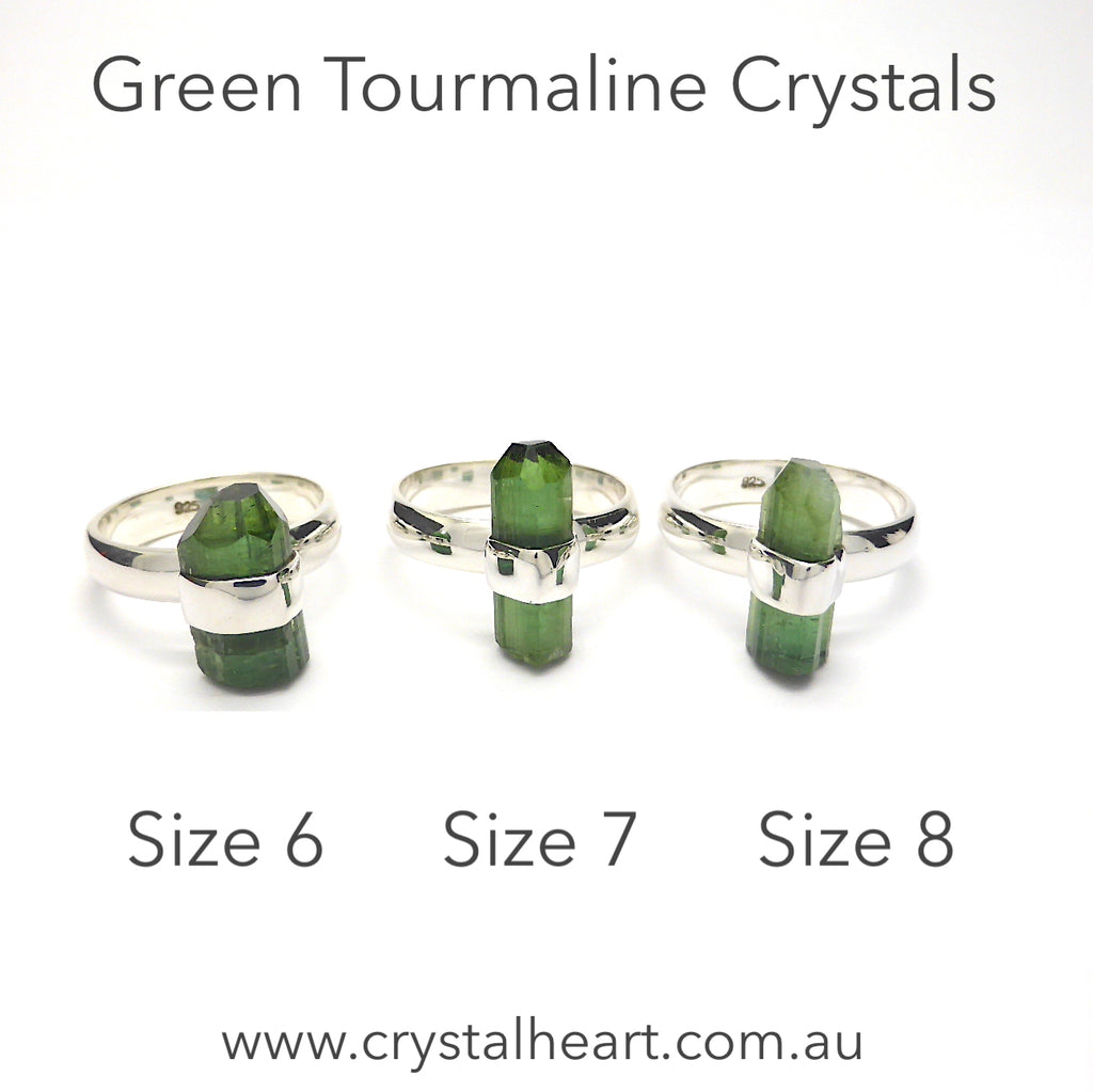 Raw Tourmaline Ring | Clear Green Uncut Crystal  | Nice Sharp Lines | 925 Sterling Silver | US Size 6, 7, 8, 9, 10 | Crystal Heart Melbourne since 1986