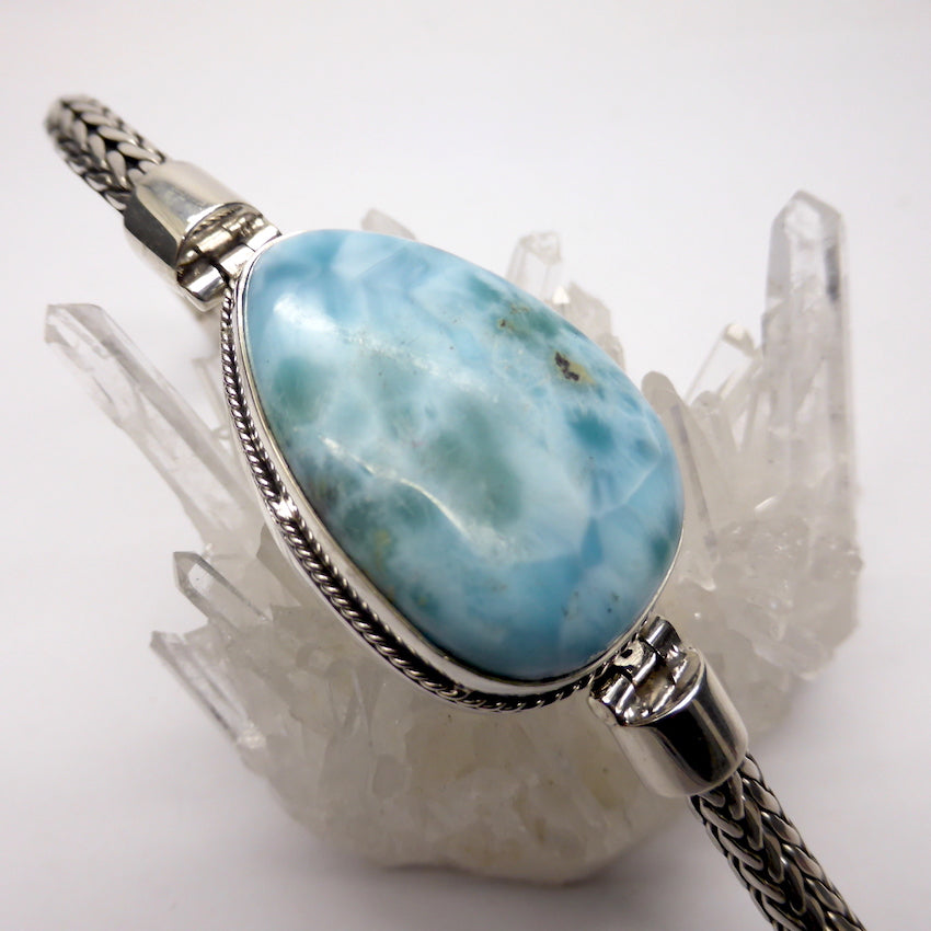 Larimar Bracelet ~ Large Teardrop | Open backed setting with Silver Rope work around Besel which blends  with the sturdy flexible woven silver band | Strong well made hinge connection between band and besel |  Strong Clasp with  safety attachment | 925 Sterling Silver | Length 185 mm | Dominican Republic Caribbean | Leo Stone | Pectolite | Genuine Gems from Crystal Heart Melbourne Australia since 1986