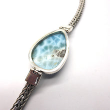 Load image into Gallery viewer, Larimar Bracelet ~ Large Teardrop | Open backed setting with Silver Rope work around Besel which blends  with the sturdy flexible woven silver band | Strong well made hinge connection between band and besel |  Strong Clasp with  safety attachment | 925 Sterling Silver | Length 185 mm | Dominican Republic Caribbean | Leo Stone | Pectolite | Genuine Gems from Crystal Heart Melbourne Australia since 1986
