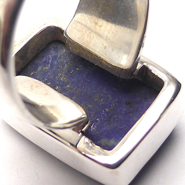 Lapis Lazuli Raw Drusy Ring | Oblong Stone | 925 Sterling Silver | US Size 7 | AUS Size N 1/2 | Natural stone deep blue spangled with Gold Pyrites | Classic setting, wide band | Sagittarius Libra Taurus Capricorn | Meditation | Mindfulness | Inner Truth | Genuine Gems from Crystal Heart Melbourne Australia since 1986