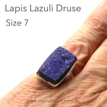 Load image into Gallery viewer, Lapis Lazuli Raw Drusy Ring | Oblong Stone | 925 Sterling Silver | US Size 7 | AUS Size N 1/2 | Natural stone deep blue spangled with Gold Pyrites | Classic setting, wide band | Sagittarius Libra Taurus Capricorn | Meditation | Mindfulness | Inner Truth | Genuine Gems from Crystal Heart Melbourne Australia since 1986