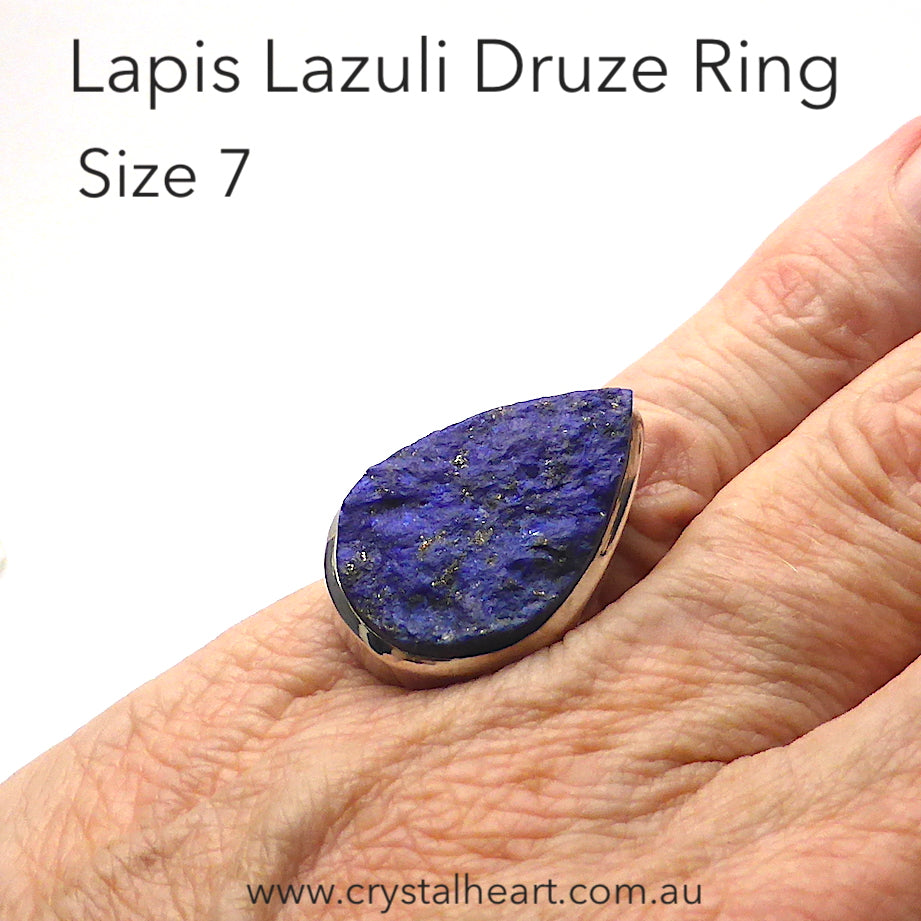Lapis Lazuli Raw Drusy Ring | Teardrop Stone | 925 Sterling Silver | US Size 7 | AUS Size N 1/2 | Natural stone deep blue spangled with Gold Pyrites | Classic setting, wide band | Sagittarius Libra Taurus Capricorn | Meditation | Mindfulness | Inner Truth | Genuine Gems from Crystal Heart Melbourne Australia since 1986