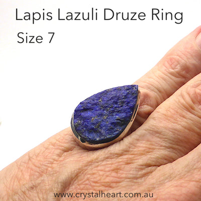 Lapis Lazuli Raw Drusy Ring | Teardrop Stone | 925 Sterling Silver | US Size 7 | AUS Size N 1/2 | Natural stone deep blue spangled with Gold Pyrites | Classic setting, wide band | Sagittarius Libra Taurus Capricorn | Meditation | Mindfulness | Inner Truth | Genuine Gems from Crystal Heart Melbourne Australia since 1986