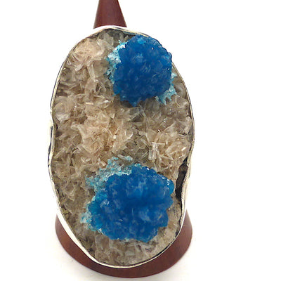 Cavansite Crystal Cluster Ring in 925 Sterling Silver | US Size Adjustable 6.5 ~ 8 | White Stilbite Matrix | Raw Stone | Blue of Spiritual Truth Emotional Uplift and Clarity | Higher Self and Spiritual Guides  | Genuine gemstones from Crystal Heart Melbourne Australia since 1986