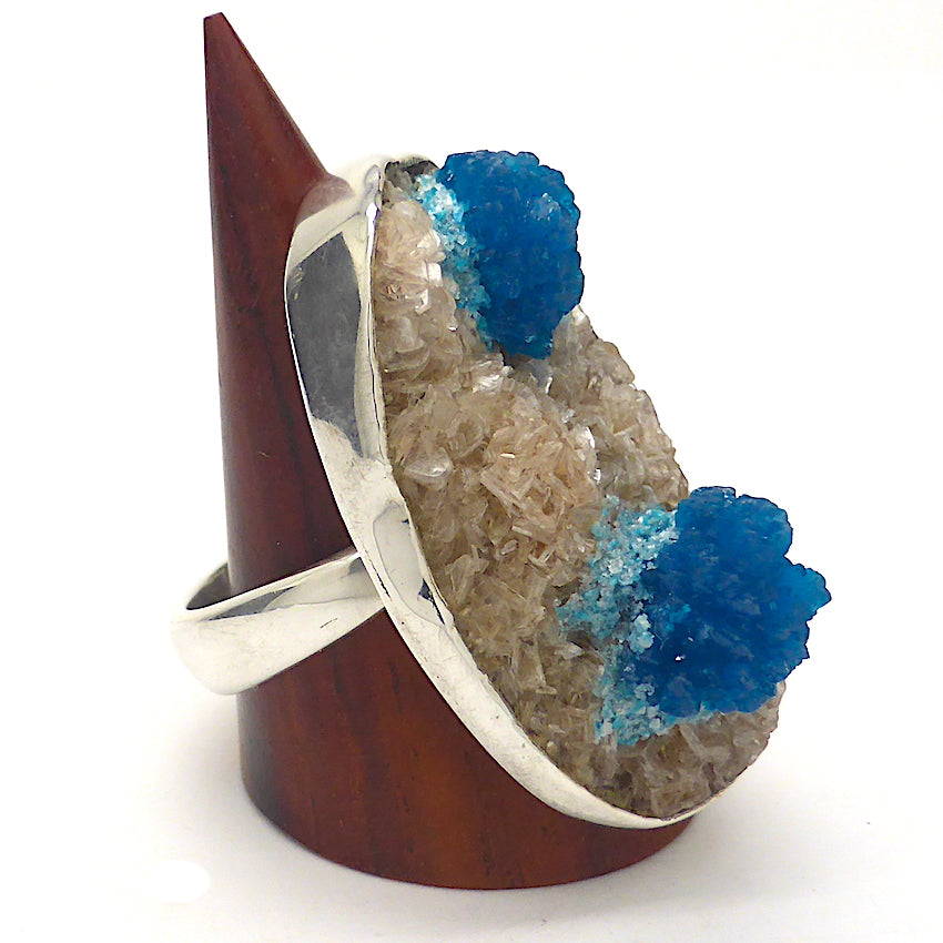 Cavansite Crystal Cluster Ring in 925 Sterling Silver | US Size Adjustable 6.5 ~ 8 | White Stilbite Matrix | Raw Stone | Blue of Spiritual Truth Emotional Uplift and Clarity | Higher Self and Spiritual Guides  | Genuine gemstones from Crystal Heart Melbourne Australia since 1986