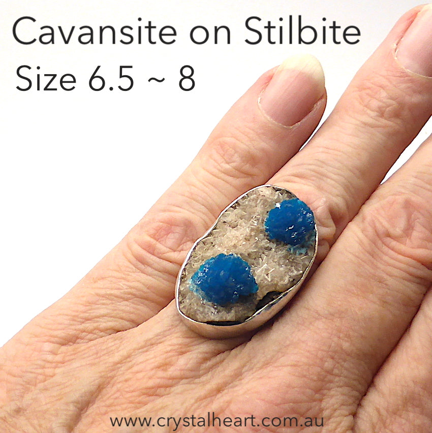 Cavansite Crystal Cluster Ring in 925 Sterling Silver | US Size Adjustable 6.5 ~ 8 | White Stilbite Matrix | Raw Stone | Blue of Spiritual Truth Emotional Uplift and Clarity | Higher Self and Spiritual Guides  | Genuine gemstones from Crystal Heart Melbourne Australia since 1986