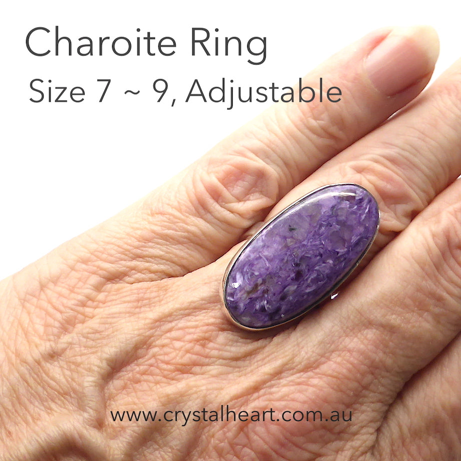 Charoite Ring Oval Cabochon | 925 Sterling silver | Adjustable Size 7,8,9 | Awaken Spiritual Powers | Courage on the Path | Genuine Gemstones from Crystal Heart Melbourne Australia since 1986