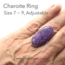 Load image into Gallery viewer, Charoite Ring Oval Cabochon | 925 Sterling silver | Adjustable Size 7,8,9 | Awaken Spiritual Powers | Courage on the Path | Genuine Gemstones from Crystal Heart Melbourne Australia since 1986