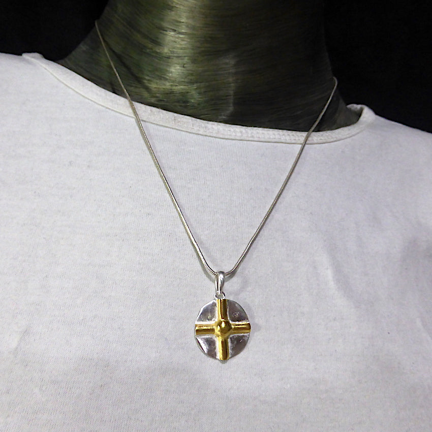 Earring Pendant and Ring ~ Raised Gilt Cross on 925 Sterling Silver Circle | Powerful Symbology, Ancient and Eternal | Crystal Heart Melbourne Australia since 1986