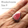 Rhodochrosite Ring | Teardrop Cab | Besel Set with generous band |  925 Silver | US size 9 | Passionate Heart | Loving Dream realisation | Scorpio Leo | Genuine Gems from Crystal Heart Australia 1986