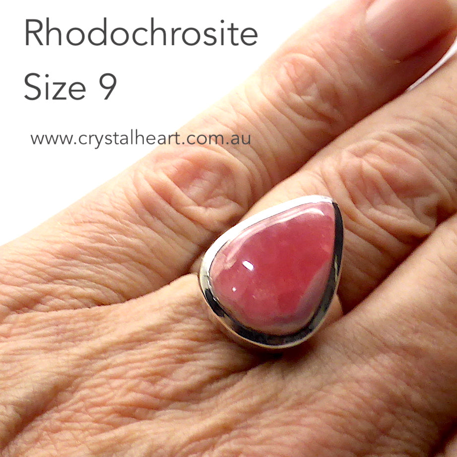 Rhodochrosite Ring | Teardrop Cab | Besel Set with generous band |  925 Silver | US size 9 | Passionate Heart | Loving Dream realisation | Scorpio Leo | Genuine Gems from Crystal Heart Australia 1986