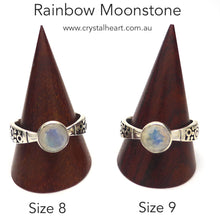 Load image into Gallery viewer, Rainbow Moonstone Ring | 8 mm round Faceted Stone | Good Clarity and Blue Flash | 925 Silver | Elegant design, tapered band with engraving detail | Size 9 or 10 | Genuine Gemstones from  Crystal Heart Australia since 1986