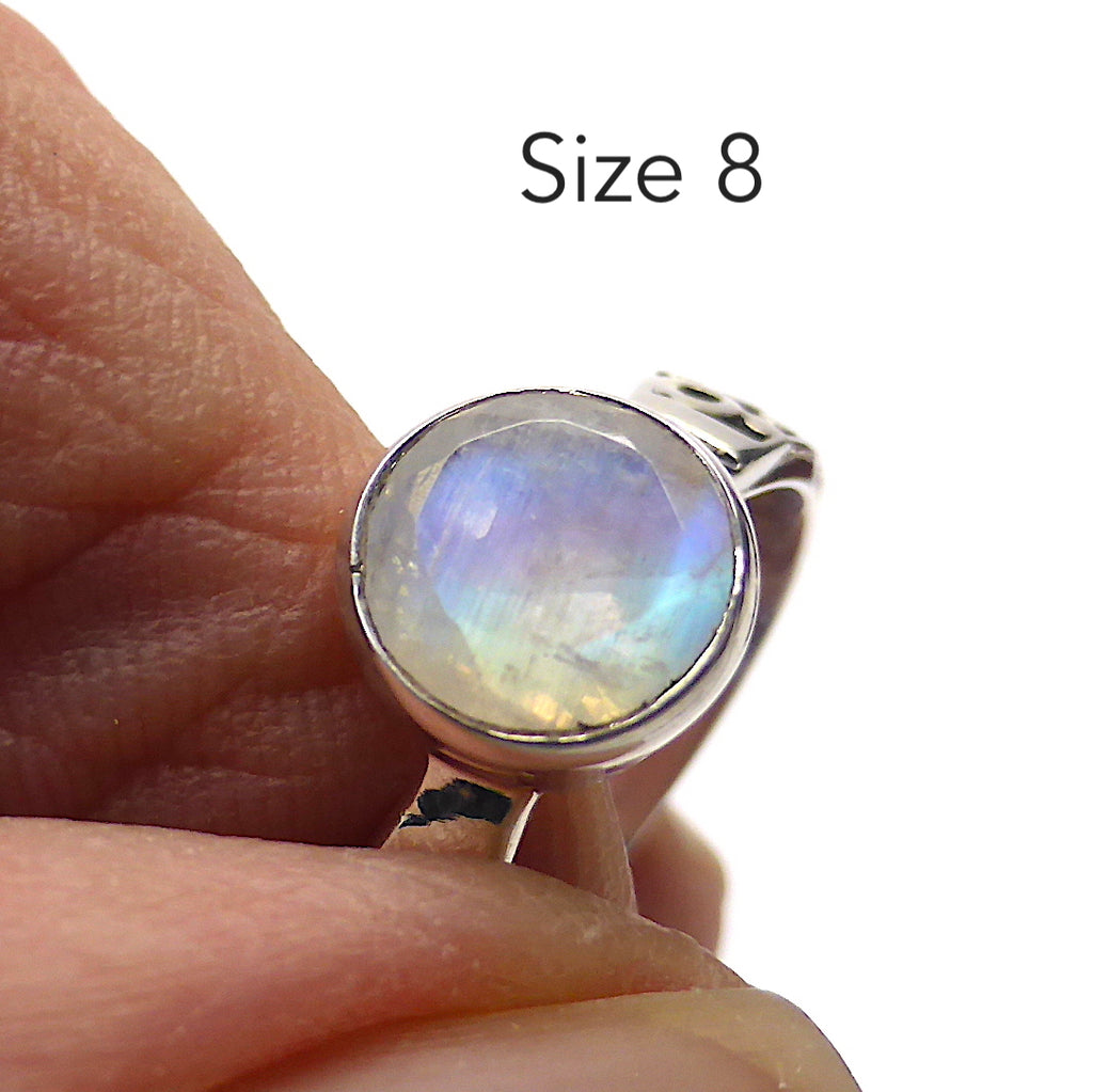 Rainbow Moonstone Ring | 8 mm round Faceted Stone | Good Clarity and Blue Flash | 925 Silver | Elegant design, tapered band with engraving detail | Size 9 or 10 | Genuine Gemstones from  Crystal Heart Australia since 1986