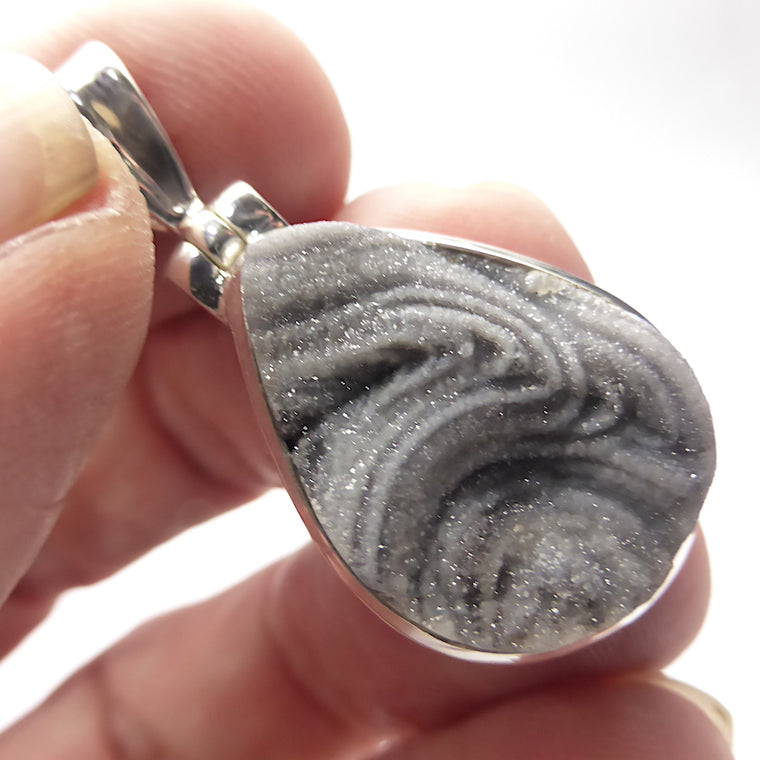 Druzy Chalcedony Pendant, Teardrop, 925 Silver g1
