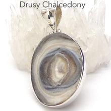 Load image into Gallery viewer, Druzy Chalcedony Pendant | Oval Cabochon | 925 Sterling Silver | Feminine Folds and Sparkling Quartz | Feminine Power | Soft loving expression &amp; communication | Genuine Gemstones from Crystal Heart Melbourne Australia since 1986