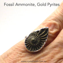Load image into Gallery viewer, Ammonite Fossil Ring | Imprint of the Fossil coated with Iron Pyrites |  925 Sterling Silver | Steam Punk | US Ring Size 7 ~ 9 | Genuine Gems from Crystal Heart Australia Melbourne Australia since 1986