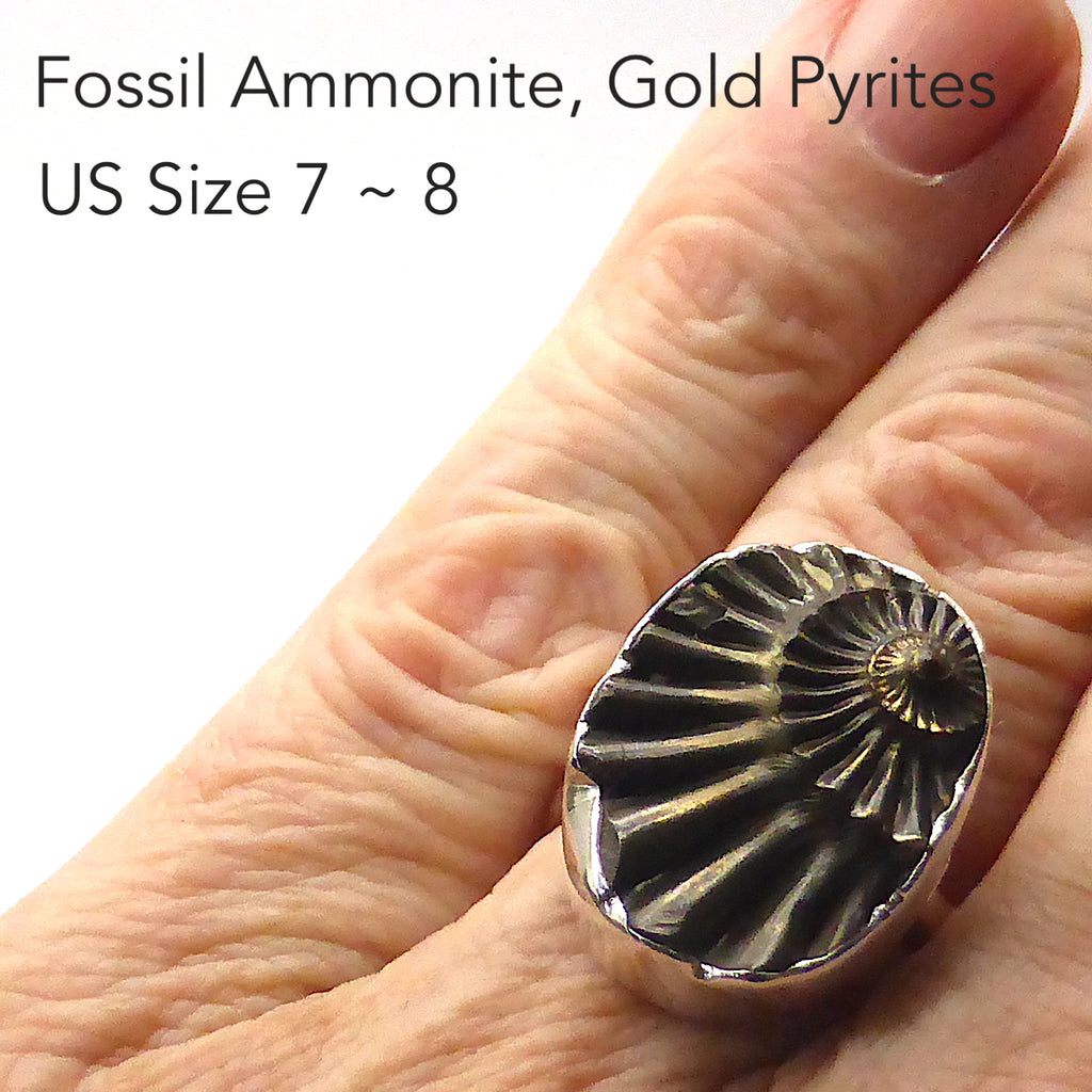 Ammonite Fossil Ring | Imprint of the Fossil coated with Iron Pyrites |  925 Sterling Silver | Steam Punk | US Ring Size 7 ~ 9 | Genuine Gems from Crystal Heart Australia Melbourne Australia since 1986