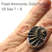 Load image into Gallery viewer, Ammonite Fossil Ring | Imprint of the Fossil coated with Iron Pyrites |  925 Sterling Silver | Steam Punk | US Ring Size 7 ~ 9 | Genuine Gems from Crystal Heart Australia Melbourne Australia since 1986