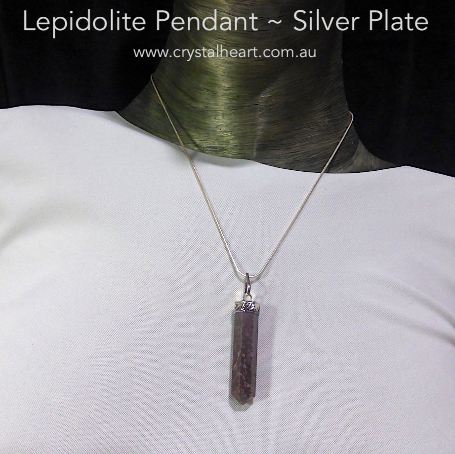Lepidolite Pendant | Single Point | Silver Plated Base Metal | Peaceful Warrior | Libra | Genuine Gems from Crystal Heart Melbourne Australia since 1986