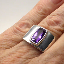 Load image into Gallery viewer, Amethyst Ring | AAA Flawless rectangular stone | Sterling Silver | US Size 7.5 or 8.5 | AUS Size O1/2 or Q 1/2 | Italian Design | Angular Post Modern | Unisex | Stone of Meditation, purifying | Genuine Gems from Crystal Heart Melbourne Australia since 1986