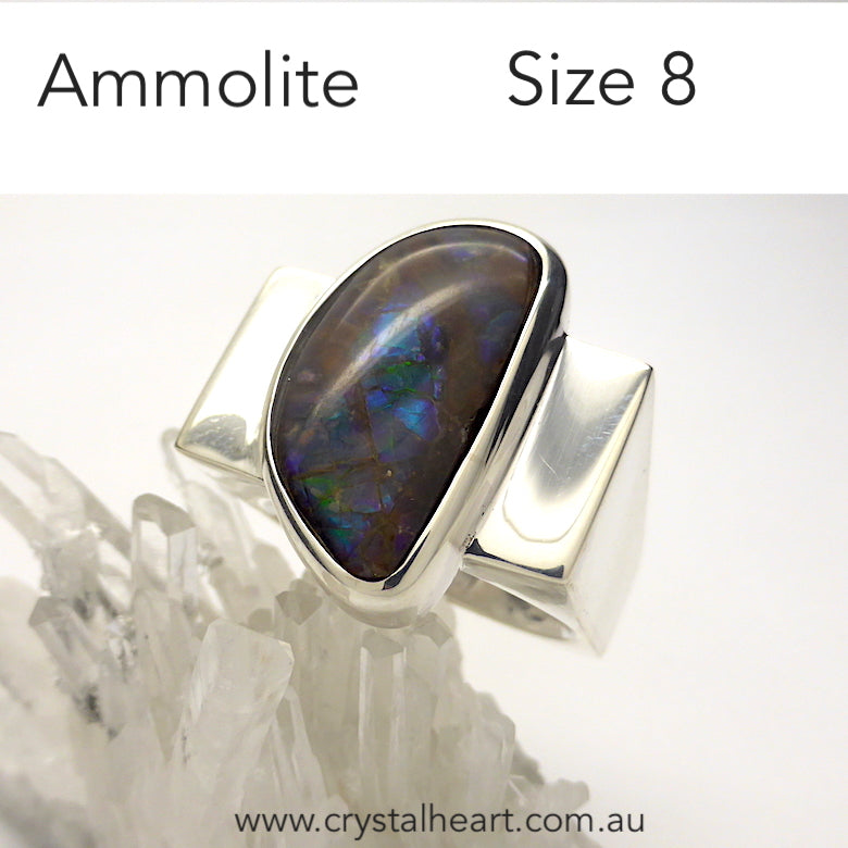 Ammolite Ring Freeform Cabochon | 925 Sterling Silver | US Size 8, AUS P 1/2 | Iridescent Fossil Ammonite from Canada | Postmodern design | Genuine gems from Crystal Heart Melbourne Australia since 1986