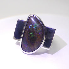 Load image into Gallery viewer, Ammolite Ring Freeform Cabochon | 925 Sterling Silver | Iridescent Fossil Ammonite from Canada with Opalescent appearance | Canadian Gemstone | Postmodern design | Genuine gems from Crystal Heart Melbourne Australia since 1986