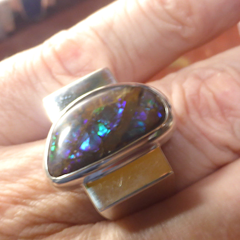 Ammolite Ring Freeform Cabochon | 925 Sterling Silver | Iridescent Fossil Ammonite from Canada with Opalescent appearance | Canadian Gemstone | Postmodern design | Genuine gems from Crystal Heart Melbourne Australia since 1986