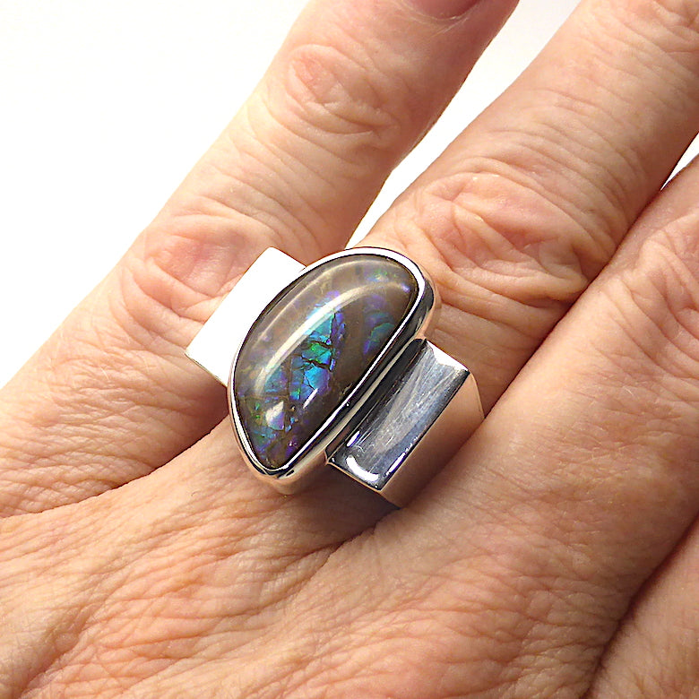 Ammolite Ring Freeform Cabochon | 925 Sterling Silver | Iridescent Fossil Ammonite from Canada with Opalescent appearance | Canadian Gemstone | Postmodern design | Genuine gems from Crystal Heart Melbourne Australia since 1986