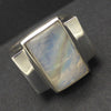RainbowMoonstone Ring | Oblong Cab with Golden Pathfinder Ray | Postmodern Unisex Design | Geometry as Art | 925 Sterling Silver | US Size 6.5, AUS M 1/2 | Genuine gems from Crystal Heart Melbourne Australia since 1986