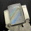 RainbowMoonstone Ring | Oblong Cab with Golden Pathfinder Ray | Postmodern Unisex Design | Geometry as Art | 925 Sterling Silver | US Size 6.5, AUS M 1/2 | Genuine gems from Crystal Heart Melbourne Australia since 1986