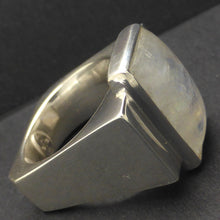 Load image into Gallery viewer, RainbowMoonstone Ring | Oblong Cab with Golden Pathfinder Ray | Postmodern Unisex Design | Geometry as Art | 925 Sterling Silver | US Size 6.5, AUS M 1/2 | Genuine gems from Crystal Heart Melbourne Australia since 1986