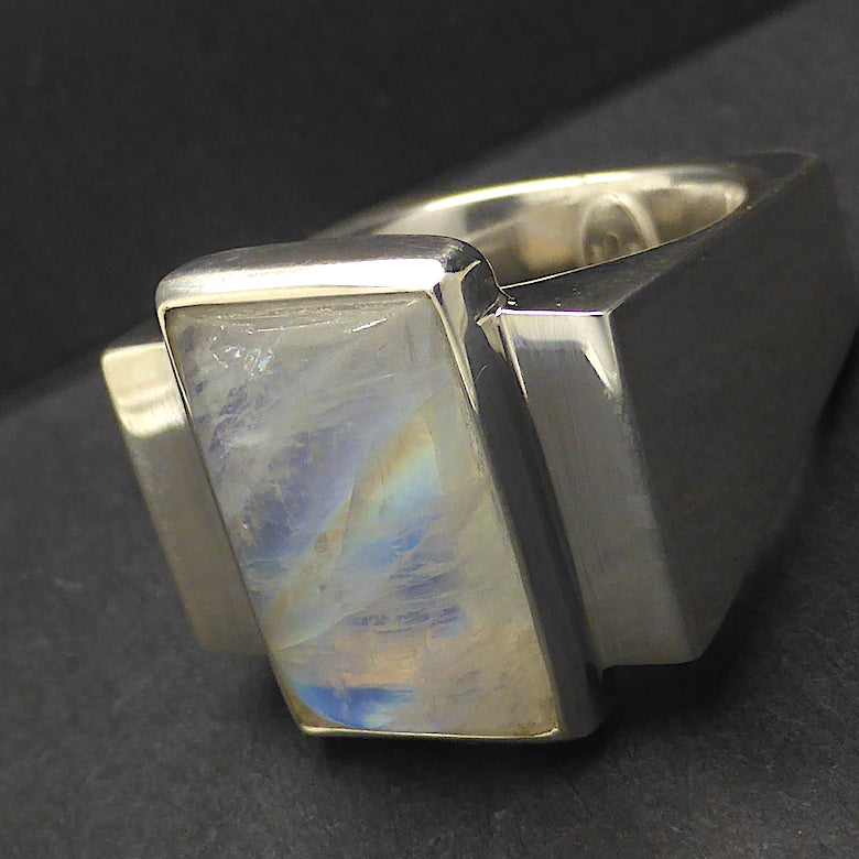 RainbowMoonstone Ring | Oblong Cab with Golden Pathfinder Ray | Postmodern Unisex Design | Geometry as Art | 925 Sterling Silver | US Size 6.5, AUS M 1/2 | Genuine gems from Crystal Heart Melbourne Australia since 1986