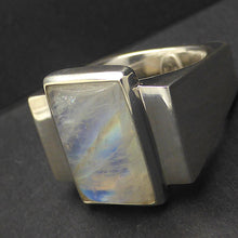 Load image into Gallery viewer, RainbowMoonstone Ring | Oblong Cab with Golden Pathfinder Ray | Postmodern Unisex Design | Geometry as Art | 925 Sterling Silver | US Size 6.5, AUS M 1/2 | Genuine gems from Crystal Heart Melbourne Australia since 1986
