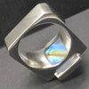 RainbowMoonstone Ring | Oblong Cab with Golden Pathfinder Ray | Postmodern Unisex Design | Geometry as Art | 925 Sterling Silver | US Size 6.5, AUS M 1/2 | Genuine gems from Crystal Heart Melbourne Australia since 1986