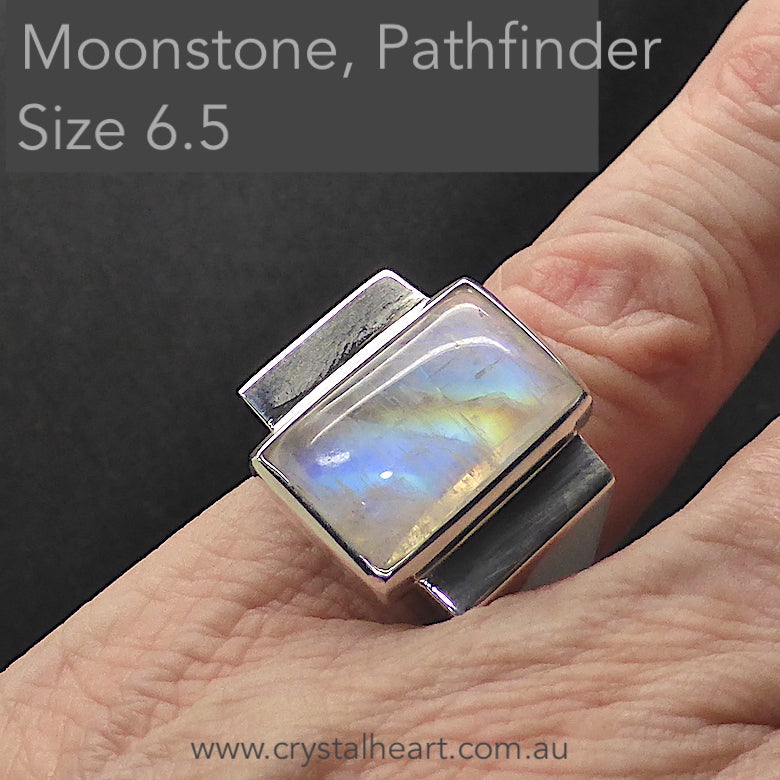 RainbowMoonstone Ring | Oblong Cab with Golden Pathfinder Ray | Postmodern Unisex Design | Geometry as Art | 925 Sterling Silver | US Size 6.5, AUS M 1/2 | Genuine gems from Crystal Heart Melbourne Australia since 1986