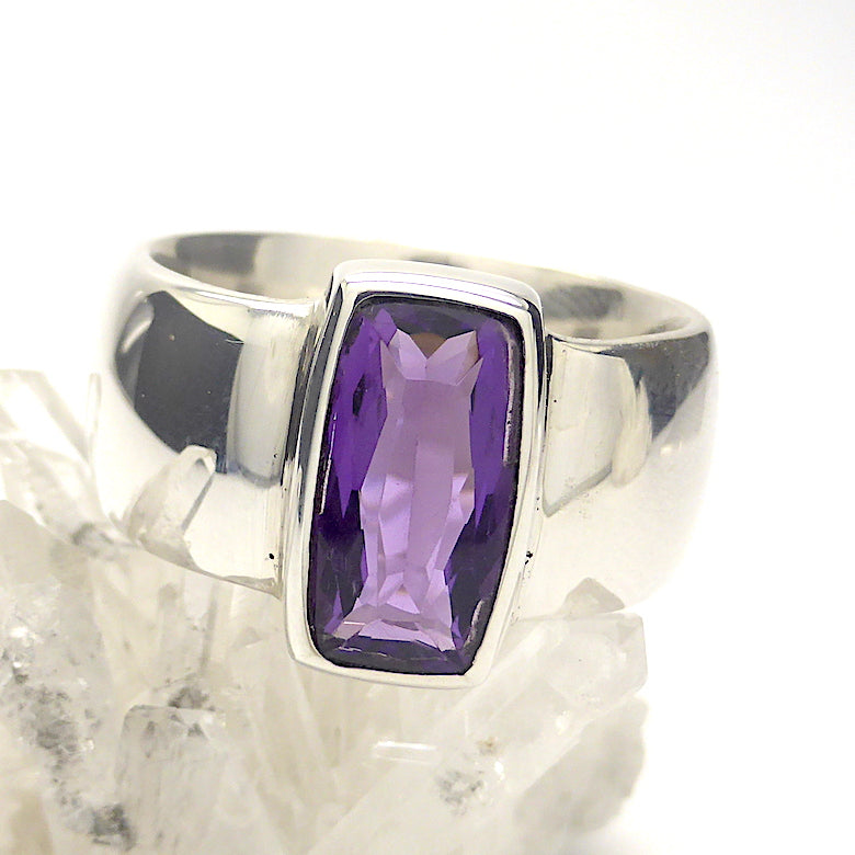 Amethyst Ring | AAA Flawless Faceted Barrel | Sterling Silver | US Size 8.75 or 10 | AUS Size R or T 1/2 | Italian Design | Angular Post Modern | Unisex | Stone of Meditation, purifying | Genuine Gems from Crystal Heart Melbourne Australia since 1986