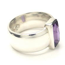 Load image into Gallery viewer, Amethyst Ring | AAA Flawless Faceted Barrel | Sterling Silver | US Size 8.75 or 10 | AUS Size R or T 1/2 | Italian Design | Angular Post Modern | Unisex | Stone of Meditation, purifying | Genuine Gems from Crystal Heart Melbourne Australia since 1986