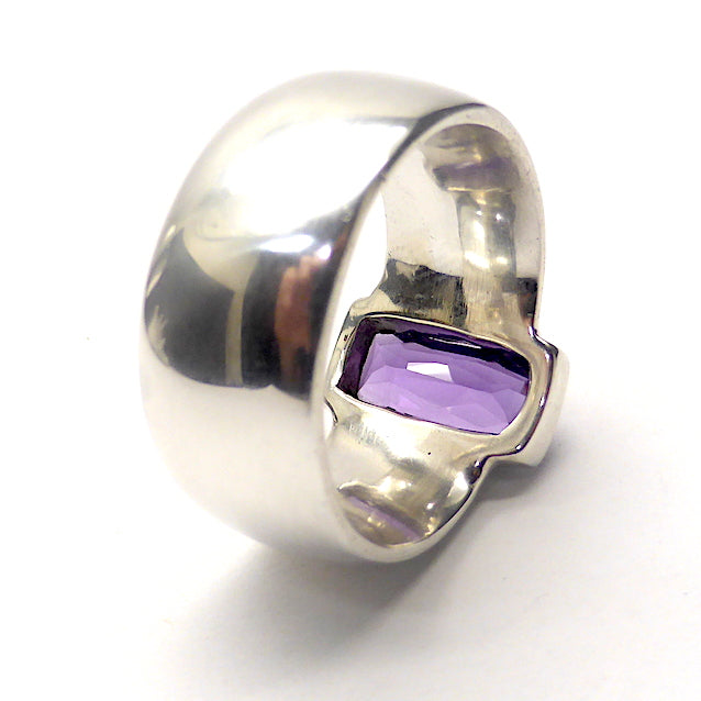 Amethyst Ring | AAA Flawless Faceted Barrel | Sterling Silver | US Size 8.75 or 10 | AUS Size R or T 1/2 | Italian Design | Angular Post Modern | Unisex | Stone of Meditation, purifying | Genuine Gems from Crystal Heart Melbourne Australia since 1986