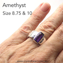 Load image into Gallery viewer, Amethyst Ring | AAA Flawless Faceted Barrel | Sterling Silver | US Size 8.75 or 10 | AUS Size R or T 1/2 | Italian Design | Angular Post Modern | Unisex | Stone of Meditation, purifying | Genuine Gems from Crystal Heart Melbourne Australia since 1986