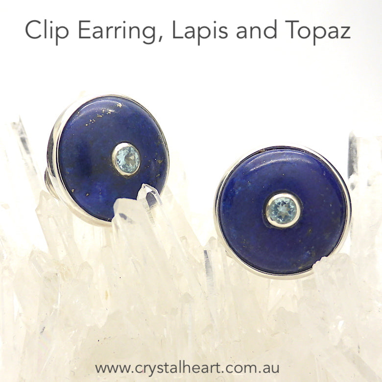 Clip Earrings |  Lapis Lazuli with central Faceted Blue Topaz | 925 Sterling Silver | Calming Meditation and uplift | Italian Design | Super Quality | Genuine Gems from Crystal Heart Melbourne Australia since 1986