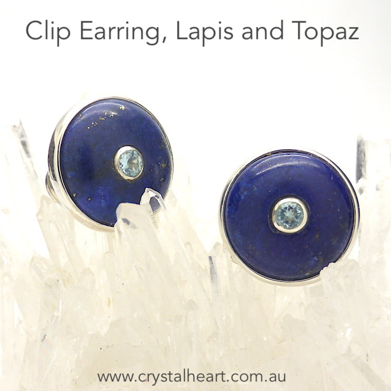 Lapis Lazuli Earrings, Clip, Faceted Blue Topaz, 925 Silver, F1