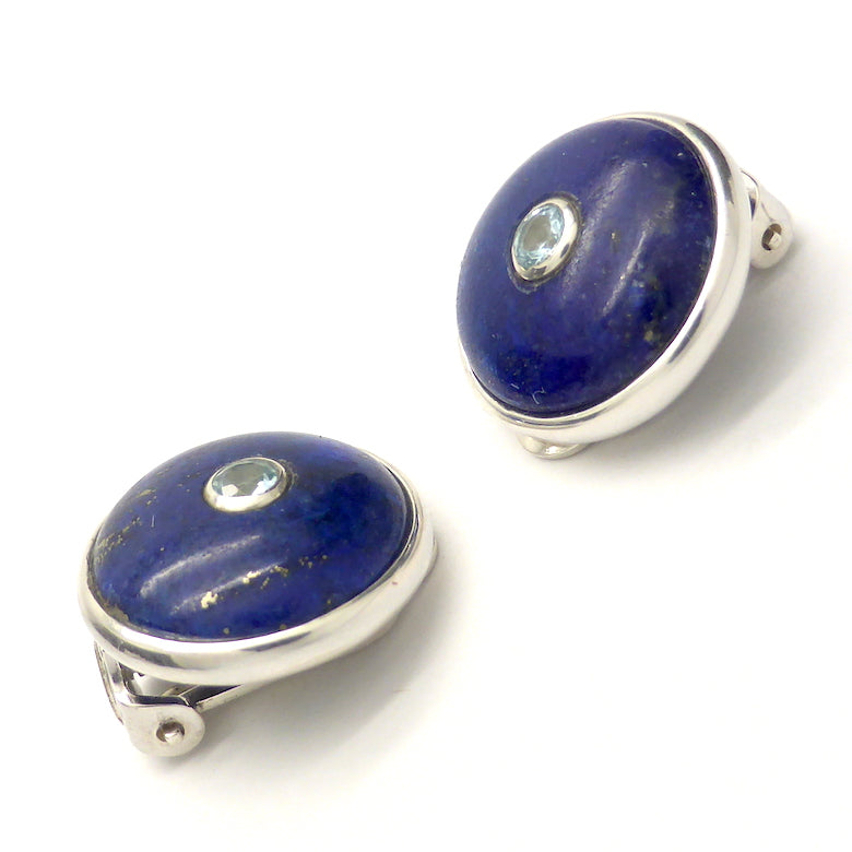 Clip Earrings |  Lapis Lazuli with central Faceted Blue Topaz | 925 Sterling Silver | Calming Meditation and uplift | Italian Design | Super Quality | Genuine Gems from Crystal Heart Melbourne Australia since 1986