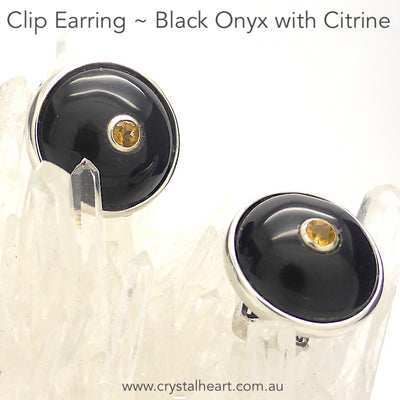 Clip Earrings | Round Black Onyx with central Faceted Citrine | Striking Black and Orange | 925 Sterling Silver | Empowered Abundance | Italian Design | Super Quality | Genuine Gems from Crystal Heart Melbourne Australia since 1986