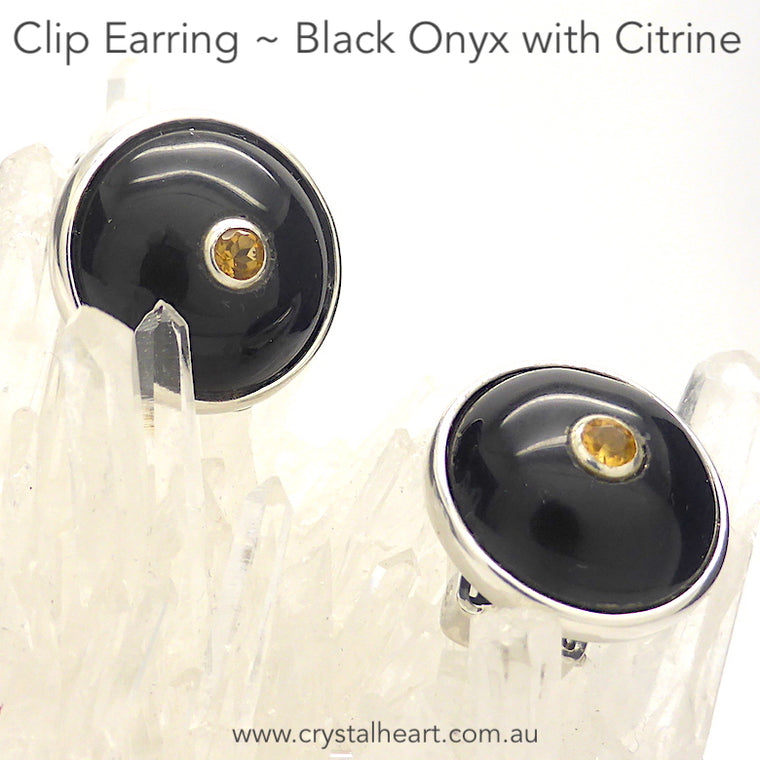Black Onyx Earrings, Clip, Faceted Citrine, 925 Silver, F1