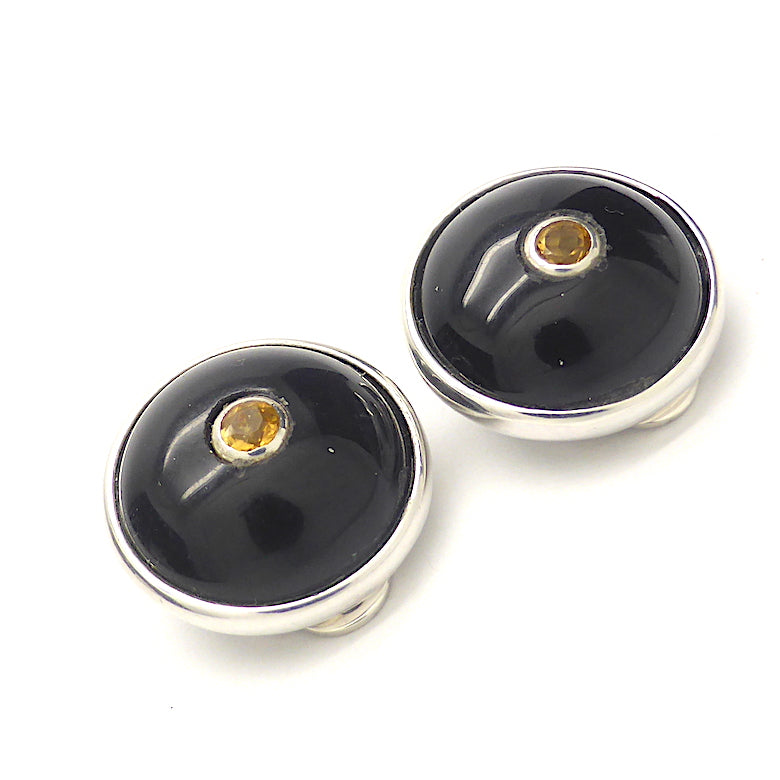 Clip Earrings | Round Black Onyx with central Faceted Citrine | Striking Black and Orange | 925 Sterling Silver | Empowered Abundance | Italian Design | Super Quality | Genuine Gems from Crystal Heart Melbourne Australia since 1986