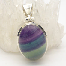 Load image into Gallery viewer, Fluorite Pendant | Oval Cabochon | 925 Sterling Silver | Natural waves Blue Green &amp; Purple | Bezel set, hinged and shaped Bail | Study | Pisces, Capricorn | Crystal Heart Melbourne Australia since 1986