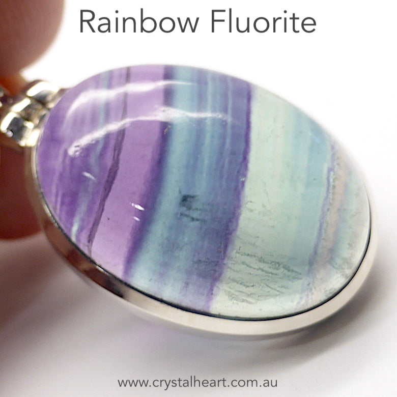 Fluorite Pendant | Oval Cabochon | 925 Sterling Silver | Natural waves Blue Green & Purple | Bezel set, hinged and shaped Bail | Study | Pisces, Capricorn | Crystal Heart Melbourne Australia since 1986