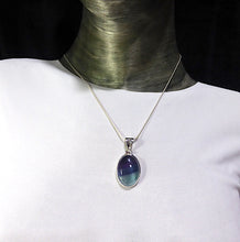 Load image into Gallery viewer, Fluorite Pendant | Oval Cabochon | 925 Sterling Silver | Natural waves Blue Green &amp; Purple | Bezel set, hinged and shaped Bail | Study | Pisces, Capricorn | Crystal Heart Melbourne Australia since 1986
